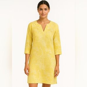 Boden Linen Shift Dress Yellow White Floral Print 3/4 Sleeve Midi Garden Size 12